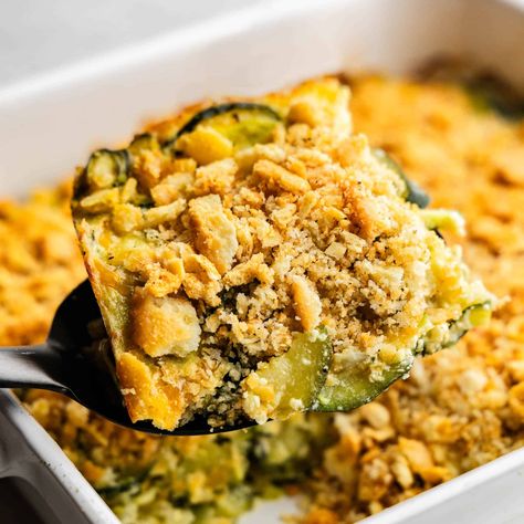 Zucchini meets cheesy goodness in this easy casserole, topped with buttery Ritz crackers. It's the ultimate zucchini side dish! Casserole With Ritz Crackers, Cheesy Zucchini Casserole, Zucchini Side Dish, Casserole Vegetable, The Stay At Home Chef, Zucchini Side Dishes, One Pot Spaghetti, Savory Sides, Stay At Home Chef