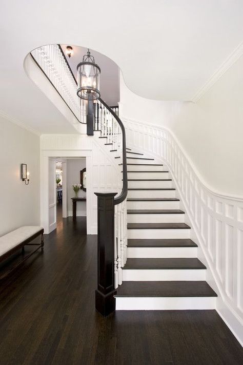 Paint colors for wood floors and trim: Atrium White Benjamin Moore Black And White Staircase, Stairs Trim, White Staircase, Hall Ideas, Traditional Staircase, Stair Rail, Hardwood Floors Dark, Floor Stain, Best White Paint