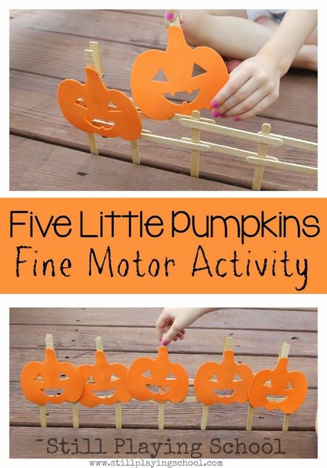 Five Little Pumpkins Fine Motor Retelling Activity from Still Playing School Halloween Fine Motor Activities, Preschool Halloween Games, Halloween Fine Motor, Five Little Pumpkins, Fine Motor Activity, Pumpkin Activities, October Crafts, Halloween Preschool, Fall Preschool