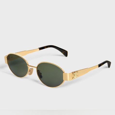 Celine  Triomphe Gold Metal FrameGreen Dreams List, Celine Accessories, Celine Triomphe, Celine Sunglasses, Fashion Wishlist, Gold Sunglasses, Black Sunglasses, Bobby Brown, Millie Bobby Brown