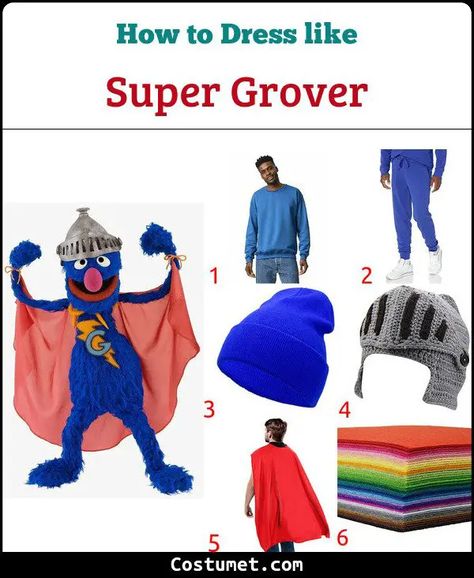 Super Grover Costume from Sesame Street for Cosplay & Halloween 2023 Grover Costume Diy, Super Grover Costume, Sesame Street Diy Costumes, Sesame Street Group Costumes, Family Sesame Street Costumes, Grover Costume, Sesame Street Costume, Sesame Street Halloween Costumes, Super Grover