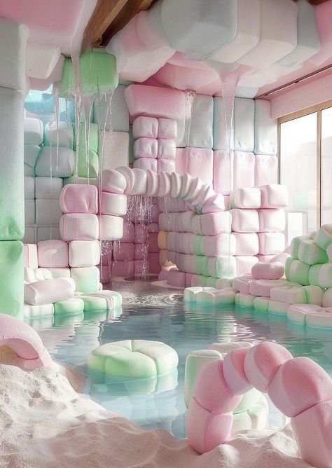 Dreamy Childhood Aesthetic, Marshmallow House, Candy Photoshoot, Childhood Aesthetic, Wonderland Artwork, Weirdcore Aesthetic, Fantasy Furniture, Candy House, Dreamcore Weirdcore