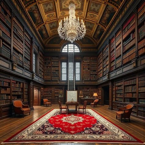 Luxurious Grand Library Hall with Towering Shelves, Persian Rug, Antique Furniture, and Crystal Chandelier Grand Libraries, Giant Library, Mansion Library, Library Hall, Grand Library, Large Persian Rug, Rolling Ladder, Old Library, Library Ideas