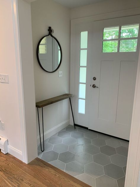 Foyer Tile Ideas, Entryway Tile Floor, Hexagon Tile Kitchen, Coastal Tile, Gray Hexagon Tile, Hexagon Tile Bathroom Floor, Tile To Wood Transition, Hexagon Tile Bathroom, Two Sides To Every Story