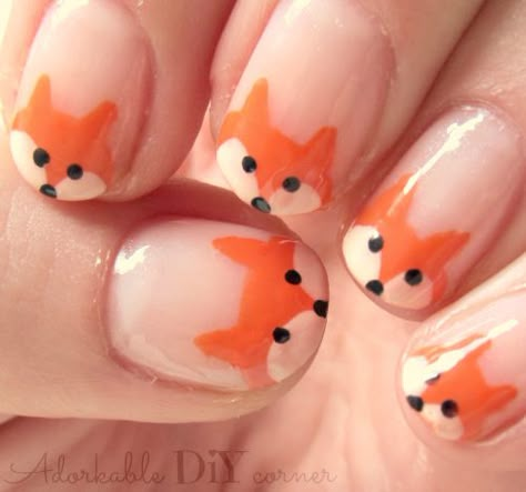 french fox nail art // adorkable DIY corner French Manicure Long Nails, Fox Nail Art, Fox Nails, Beach Nail Designs, Metallic Nail Art, Animal Nail Art, Cute Simple Nails, For Wedding, Animal Nails