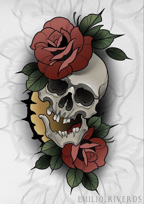 Neo Traditional Skull And Rose Tattoo, Dark Neotraditional Tattoo, Neotraditional Skull Tattoo Design, Neotrad Skull Tattoo, Neo Trad Skull, Neotraditional Skull Tattoo, Japanese Skull Tattoo Design, Neotrad Skull, Neo Traditional Skull Tattoo