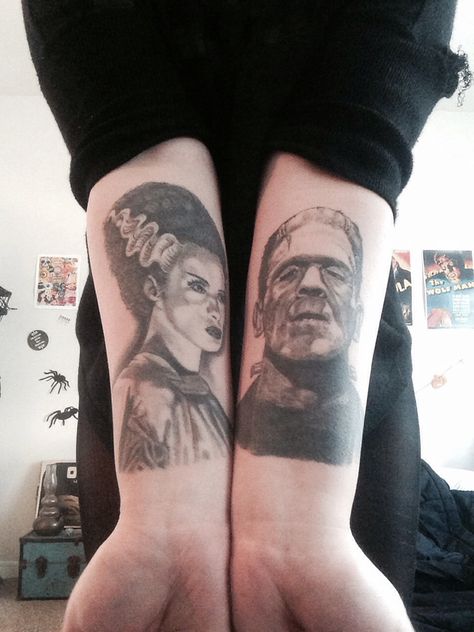 Frankenstein's monster and bride Frankinstine And His Bride Tattoo, Frankenstein And Bride Tattoo Couple, Frankenstein And His Bride Tattoo, Frankenstein Monster Tattoo, Frankensteins Bride Tattoo, Bride Of Frankenstein Tattoo Traditional, Frankenstein Stitches Tattoo, Classic Monster Tattoo, Gothabilly Tattoo