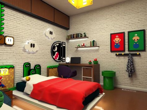 Super Mario Bedroom Decor, Super Mario Theme Room, Diy Mario Bedroom, Super Mario Home Decor, Mario And Luigi Bedroom Ideas, Super Mario Bedroom Ideas Diy, Nintendo Bedroom Ideas, Super Mario Themed Bedroom, Super Mario Bros Room Ideas