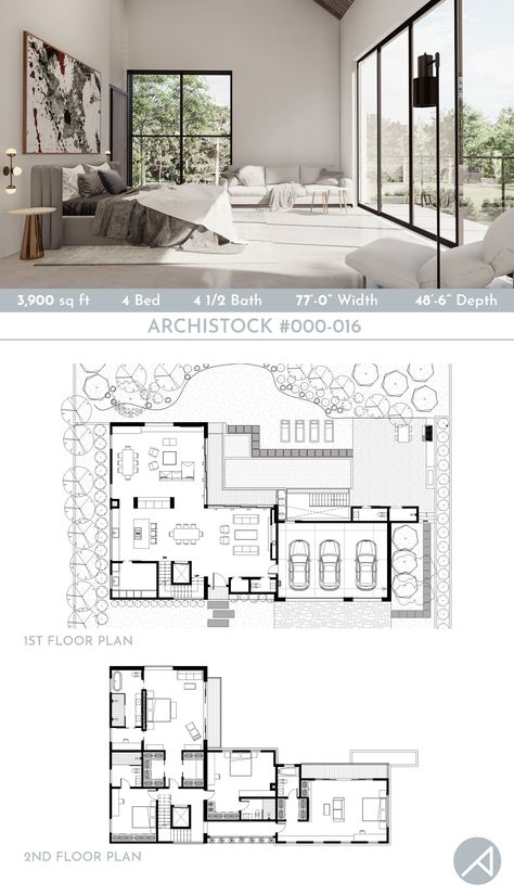 4 Bed Rooms House Plan, Contemporary Farmhouse Plans, Farmhouse Layout, Floor Panels, Garage Basement, Modern House Floor Plans, Modern Floor Plans, Two Story House Plans, Building Plans House