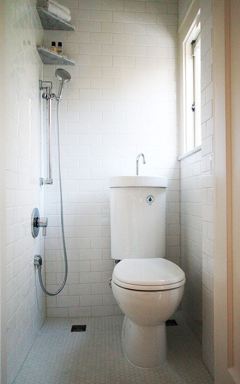 Three-Quarter Bath in 9 Sq. Ft. - Fine Homebuilding Narrow Bathroom Layout, Tiny Wet Room, Mini Bathroom Ideas, Small Wet Room, Small Room Interior, Small Full Bathroom, Tiny Bath, Small Bathroom Layout, Small Toilet Room