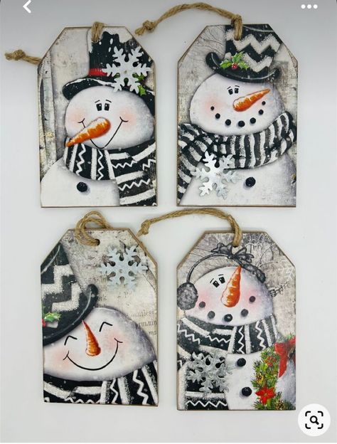 Christmas Tag Ornaments, Painted Gift Tags, Snowman Gift Tags, Tag Ornaments, Snowman Tags, Decorative Painting Projects, Christmas Craft Show, Holiday Snowmen, Painted Christmas Ornaments