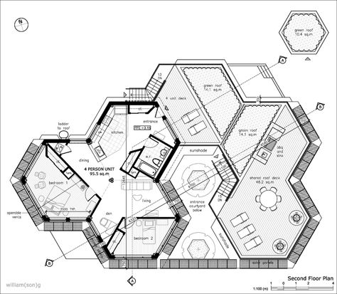 hexagon house plans willian(son)g - Buscar con Google | Planos de arquitectura, Planos arquitectonicos y Planos casas una planta Hexagonal House, Hexagon House, Garage Workshop Plans, Tree House Plans, Interior Vintage, Design Your Own Home, Floor Plan Layout, Minecraft House Designs, Bungalow Design