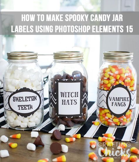 Creating Spooky Candy Jar Labels Using Adobe Photoshop Elements 15 #ad Candy Jar Labels, Guessing Jar, Halloween Candy Jar, Diy Halloween Gifts, Spooky Basket, Spooky Candy, Halloween Gift Bags, Halloween Labels, Diy Treats