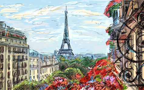 ... Paris sky clouds houses france french artwork art painting wallpaper Paris France, Eiffel Tower, The City, Tower, Paris, France