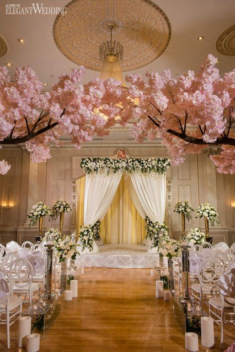 Cherry Blossom Wedding Ceremony Flowers | Flower-Filled White & Gold Wedding | ElegantWedding.ca White And Gold Wedding Ceremony, Japanese Wedding Theme, White And Gold Wedding Themes, Cherry Blossom Wedding Decor, Gold Wedding Ceremony, Cherry Blossom Wedding Theme, Quince Themes, Cherry Blossom Theme, Wedding Chuppah