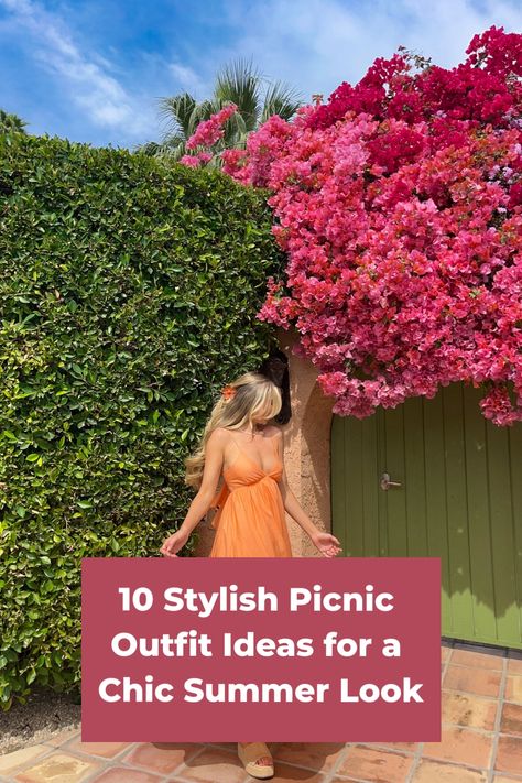 The person is wearing an orange dress and sandals. Picnic Dress Outfits Summer, Picnic Dress Ideas, Picnic Outfit Ideas, Picnic Outfit Summer, Chic Picnic, Pastel Jacket, White Workout Top, Picnic Outfit, Yellow Sundress