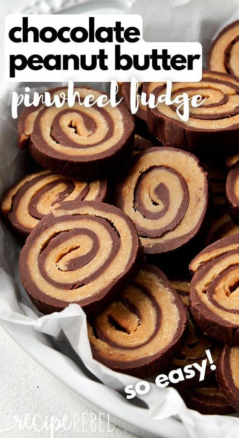 This no-bake Chocolate Peanut Butter Pinwheel Fudge recipe is so easy to make and only has 3 ingredients! With layers of peanut butter fudge and chocolate fudge rolled together into a pinwheel shape, it's the perfect holiday treat! #christmas #recipe | christmas dessert | christmas baking | easy fudge recipe | chocolate fudge | peanut butter fudge | pinwheels | no bake recipe #HealthySnackFoodRecipes Pinwheel Fudge, Peanut Butter Pinwheels, Chocolate Fudge Recipes Easy, Fudge Peanut Butter, Easy Fudge Recipe, Christmas Baking Easy, I Lost 100 Pounds, Easy Fudge, No Bake Recipe