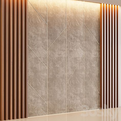 Decorative wall panel made of wood planks and beige velveteen - Other decorative objects - 3D model Wall Wooden Panelling, Lobby Wall Design Interiors, Wooden Panelling Walls, Lobby Wall Design, Wooden Panel Design, Wall Cladding Interior, Wall Cladding Designs, Mdf Wall Panels, Lobby Ideas