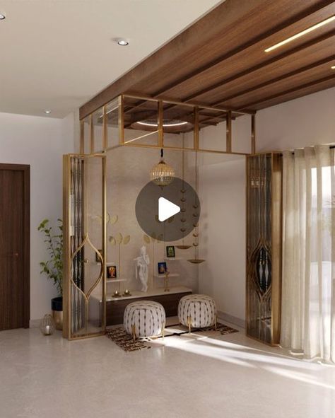 Open Mandir In Living Room, Mandir Partition, Mandir Design Puja Room, Mandir Design, Pooja Room Door Design, Room Door Design, Puja Room, Glass Partition, Home Design Living Room