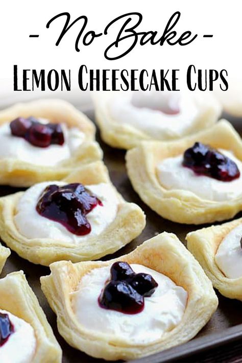 No-Bake Lemon Cheesecake Cups with Blueberry Sauce - the perfect little no-bake dessert treat for the summer season! These delicious little lemon cream cheese bites are easy to make, yet a very impressive dessert for all occasions. You can use pre-made puff pastry shells, or make your own. | #dlbrecipes #nobakecheesecake #lemoncheesecake #dessert Lemon Cheesecake Cups, Puff Pastry Cups, Pastry Cups, No Bake Lemon, Easter Food Appetizers, Desserts Summer, No Bake Lemon Cheesecake, Bbq Summer, Tiramisu Dessert