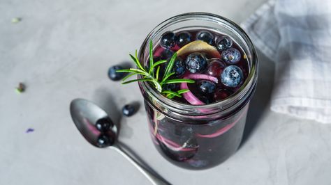 Rosemary-Lemon Pickled Blueberries Pickled Blueberries, Lemon Pickle, Cooking Tips And Tricks, Poblano Pepper, Hot Sauce Recipes, Poblano Peppers, Fermentation Recipes, Ginger Sauce, Blueberry Recipes