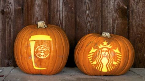 Pumpkin Spice Latte Starbucks Halloween pumpkins?! Brilliant. Cool Pumpkin Designs, Pumpkin Face Carving, Unique Pumpkin Carving Ideas, Cute Pumpkin Carving, Disney Pumpkin Carving, Pumkin Carving, Pumpkin Carving Party, Creative Pumpkin Carving, Amazing Pumpkin Carving