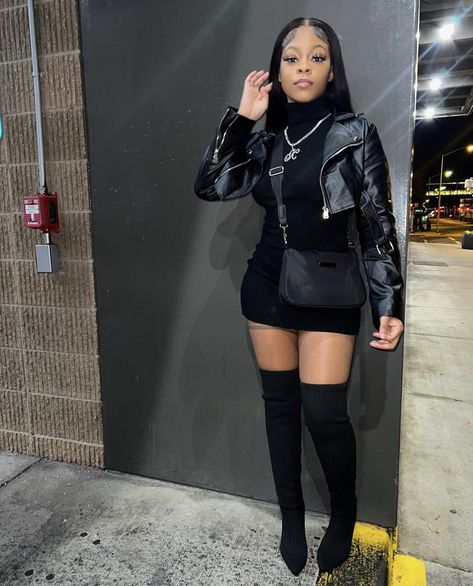 Black Outfits With Jewelry, Outfit Ideas For Women Going Out Club Style All Black, Modest Club Outfits For Women, Booties Outfit Black Women, Bayou Classic Outfits Black Women, Black Leather Thigh High Boots Outfit, Baddie New York Outfits, All Black Club Outfit Baddie, Aventura Concert Outfit 2024