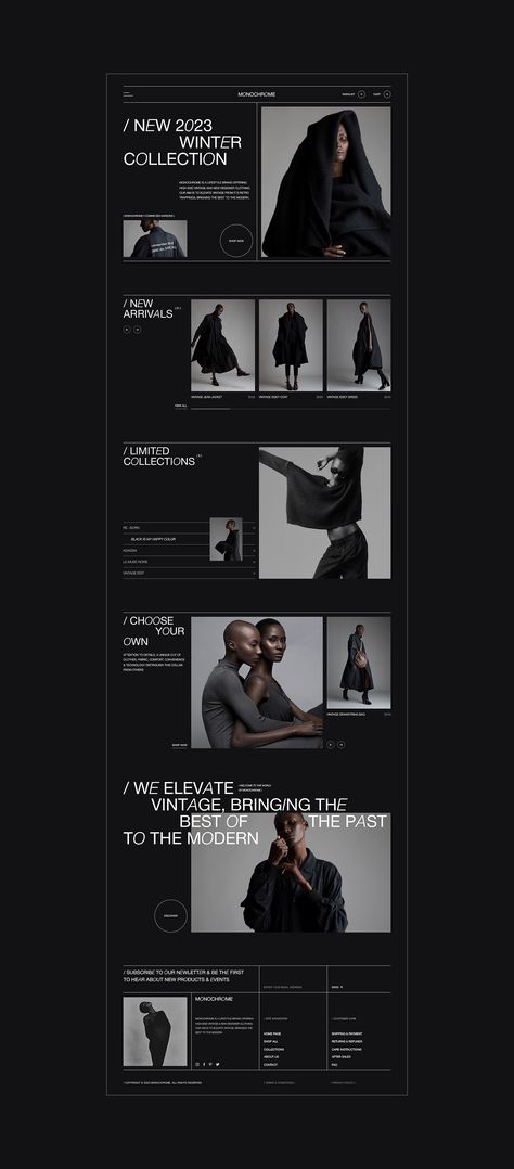 MONOCHROME on Behance Black Web Design Inspiration, Fashion Designer Website Design, Black On Black Graphic Design, Dark Website Design Layout, Monochromatic Website Design, Cloth Website Design, Dark Mode Website Design, Fashion Site Design, Clothing Websites Design