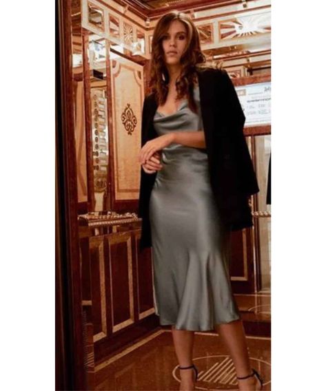 *2023* 28 speakeasy attire: What to wear to a speakeasy bar & party? Evening Slip Dress, Silk Dress Party Outfit, Silk Slip Dress With Blazer, Dress Blazer Outfit Wedding, Slip Dress Blazer Wedding, Silk Slip Dress Winter, Silver Satin Dress Outfit, Silk Dress Silver, Gray Slip Dress