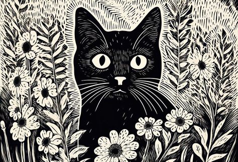 Linocut Cat Print, Cat Drawing Black And White, Black Cat Sketch, Cat Drawing Black, Cat Linocut, Modern Lampshade, Drawing Black And White, Woodcut Art, Cat Fun