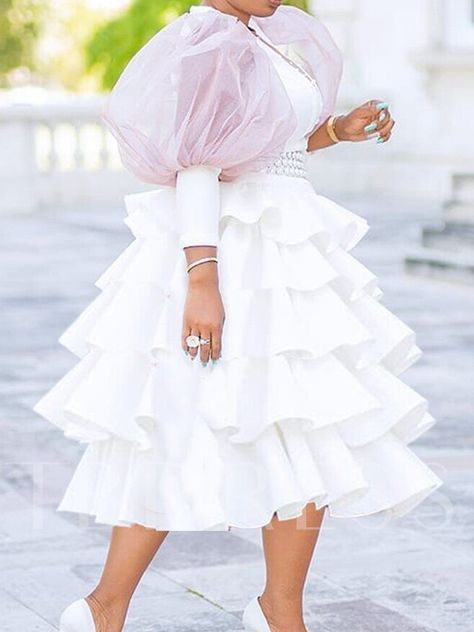 Mid-Calf Mesh Nine Points Sleeve Round Neck Spring Women's Dress Prom Midi Dress, Puffy Dresses, Puff Dress, Date Dresses, Ruffle Midi Dress, Dress Cake, Prom Dresses Vintage, White Dress Party, Long White Dress