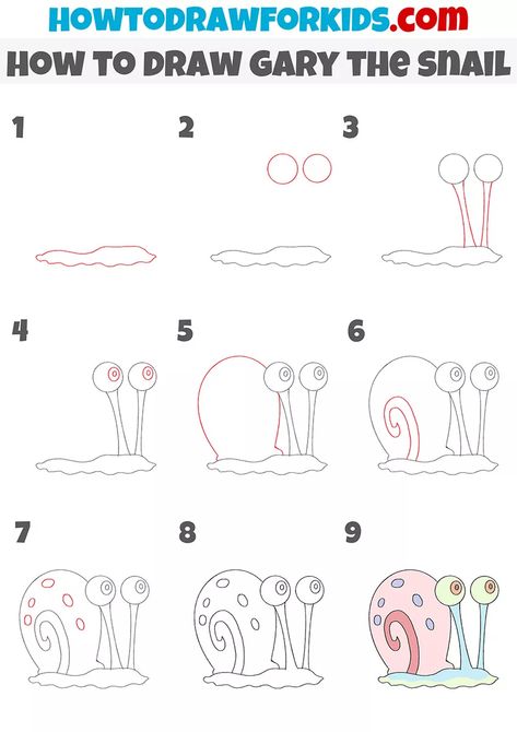 How To Draw Gary The Snail Step By Step, Snail Doodle Easy, Step By Step Drawing Characters, How To Draw Spongebob Characters, Learn How To Draw Step By Step, Gary Spongebob Drawing, Easy Snail Drawings, Step By Step Cartoon Characters, How To Draw Characters Step By Step