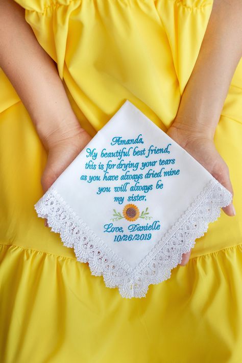 Sunflower Wedding Handkerchief Sunflowers wedding gift Bridesmaid hankerchief Wedding favor Summer wedding gift idea from Maid of Honor Something Blue Ideas, Wedding Hankerchief, Summer Wedding Favors, Summer Favors, Wedding Gifts For Groom, Wedding Handkerchief, Bride And Groom Gifts, Wedding Gifts For Bride, Wedding Gifts For Bridesmaids