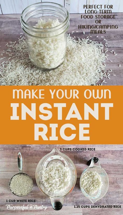 DIY Instant Rice with a Dehydrator - The Purposeful Pantry Dried Food Recipes, Meals In A Jar For Long Term Storage, Dehydrator Meals, Dehydration Recipes, Dehydrated Meals, Dehydrating Food Storage, Food Dehydration, Dehydrating Food, Trail Food