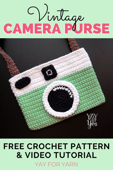 This retro crochet purse looks just like a vintage camera! It's the perfect size for carrying the essentials, and can also be made as a zipper pouch or cosmetic bag. Make one today with my FREE Crochet Pattern & Video Tutorial! #freecrochetpattern #crochetbag #crochetpurse #retrocrochet #vintagecrochet #yayforyarn Retro Crochet Patterns Free, Crochet Camera Bag, Camera Purse, Retro Crochet, Tote Crochet, Crochet Vintage, Crochet Clutch, Crochet Purse, Crochet Purse Patterns