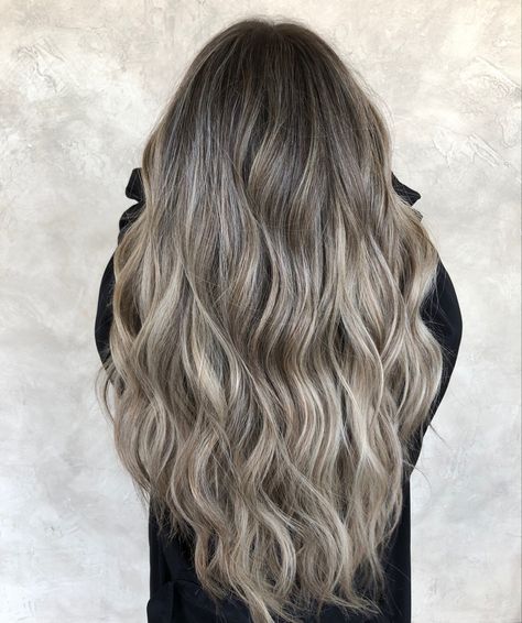 Ash Blonde Bayalage Highlights, Dark Brown Hair With Ashy Blonde Highlights, Ashy Blonde Babylights On Dark Hair, Ashy Blonde Hair Dark Roots, Ashy Blonde Balayage Dark Roots, Fall Ash Blonde Hair, Ash Bronde Haircolor Balayage, Ashy Babylights, Ashy Cool Blonde Balayage