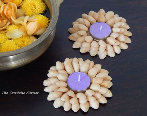 Pistachio Shells Tea Light holder Diy Pistachio Shells, Pista Shell Crafts, Pistachio Shells, Diwali Decorations At Home, Shells Diy, Spoon Art, Diy Diwali Decorations, Diwali Craft, Diwali Diy