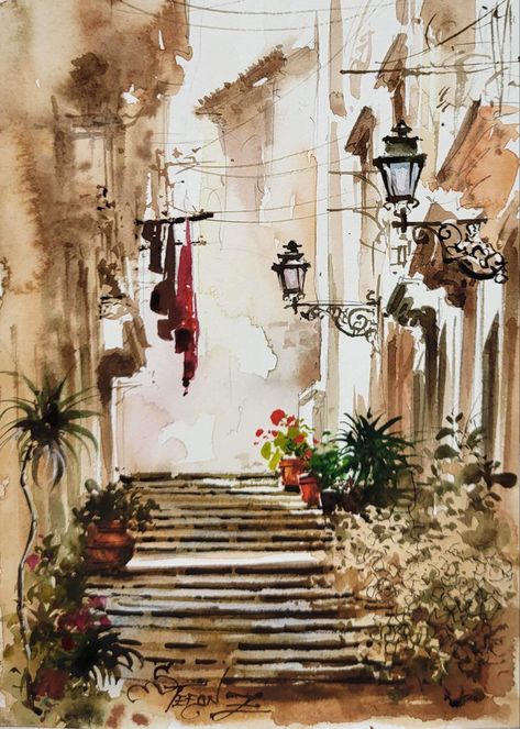 Watercolor, Flowers Lisbon Watercolor Paintings, Lisbon Watercolor, Spanish Towns, Lake Girl, Art Daily, Watercolour Art, Daily Art, Art Project, Original Watercolor Painting