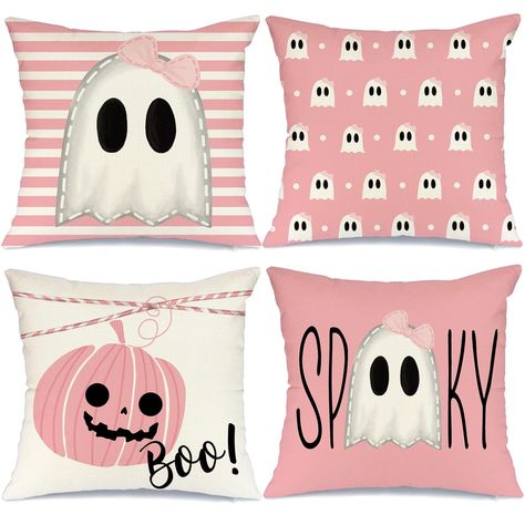 PRICES MAY VARY. Polyester [Set of 4 Pillow Covers]: Our package includes 4 uniquely designed 18x18 inch Halloween pillow covers, offering a seamless blend of functionality and festive cheer.Note: Covers ONLY [Durable Burlap Polyester]: These pillow covers are made of high-quality burlap polyester, providing durability without compromising on comfort. They're built to last, season after season. [Invisible Zipper Design]: Our pillow covers feature hidden zippers that blend effortlessly with the d Boo Decorations, Halloween Pillows Covers, Halloween Throw Pillow, Halloween Pillow, Fall Pillow Cover, Pink Throws, Pink Throw Pillows, Pumpkin Pillows, Halloween Pillows