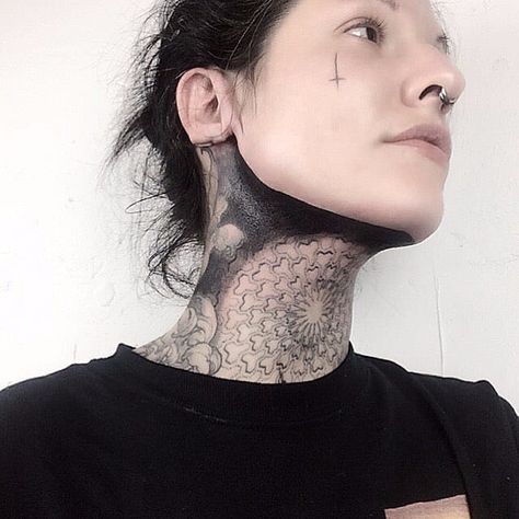 Under Jawline Tattoo, Blackout Tattoo, Tattoo People, Human Canvas, Neck Piece, Body Modifications, Couple Tattoos, Blackwork Tattoo, Piercing Tattoo