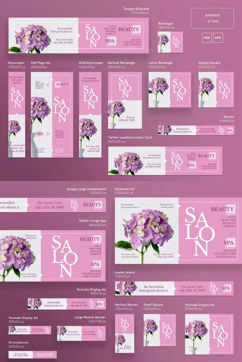 Beauty Salon Banner Pack Template EPS, PSD Beauty Salon Banner, Google Banner Ads, Ads Agency, Google Banner, Website Banner Design, Web Ads, Cosmetics Banner, Banner Design Inspiration, Digital Marketing Design