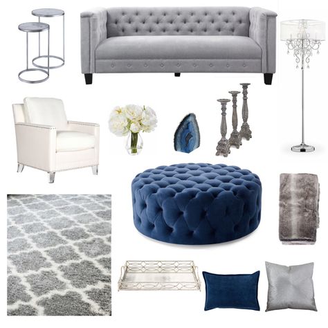 Glamours living room. Navy blue, white, silver and gray decor inspiration board for living room Navy Blue And Grey Living Room, Navy Living Room Decor, Living Room Navy Blue, Grey White Living Room, Living Room Navy, Blue Grey Living Room, Silver Living Room, Gray Decor, Navy Living Rooms