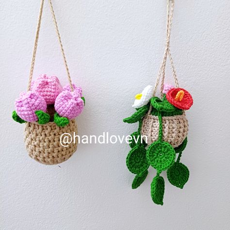 Crochet String Of Hearts Plant, Crochet Strawberry Plant, Car Hanging Plant, Crochet Fern, Flower Pot Crochet, Crochet Monstera, Car Plants, Tulip Plant, Daisy Plant