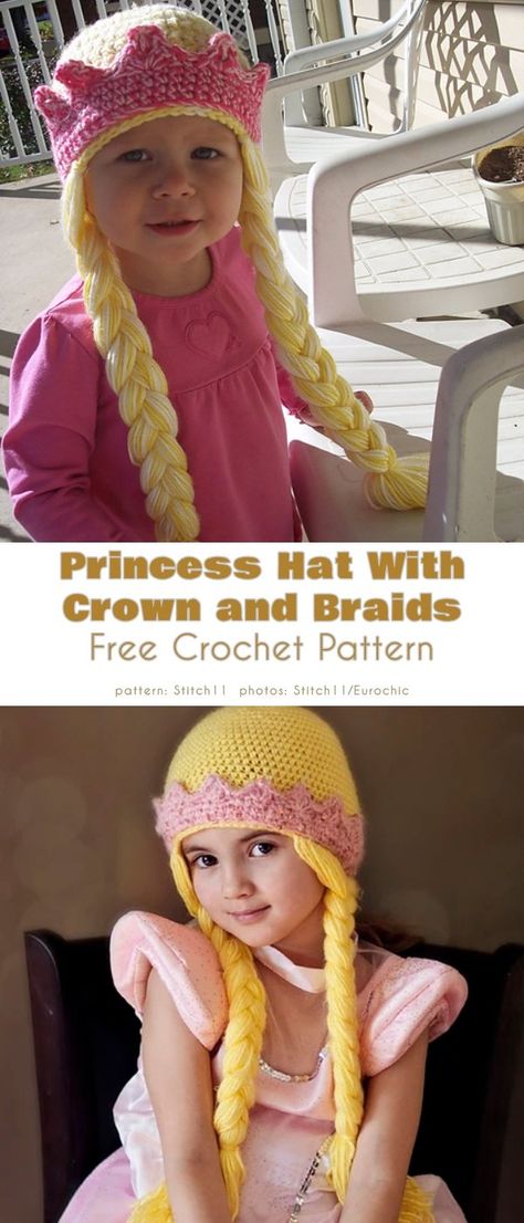 Princess Hat With Crown and Braids Crochet Princess Hats Free Pattern, Crochet Hat With Braids, Unicorn Crochet Hat Pattern Free, Crochet Novelty Hats, Crochet Kids Hats Free Patterns, Crochet Princess Hat, Pokémon Hat, Frozen Crochet Hat, Crochet Frozen