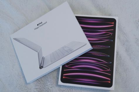 Overhead shot of Apple’s latest iPad Pro and Magic Keyboard in their respective boxes. Unboxing video linked to this pin :) Ipad Pro 2022, Latest Ipad, Apple Keyboard, Magic Keyboard, Apple Cases, Unboxing Video, Unboxing Videos, 2024 Vision, Ipad Keyboard