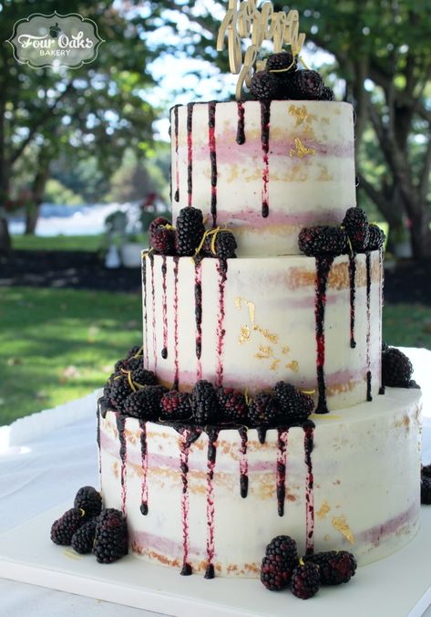 Lemon-Blackberry Semi-Naked Drip Wedding Cake in Delmont, PA - Four Oaks Bakery Drip Wedding Cake, Blackberry Buttercream, Blackberry Cake, Lemon Buttercream, Goth Wedding, Special Cake, Drip Cakes, Lemon Cake