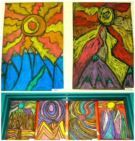 When I found out my 2nd graders were studying landforms in their Social Studies unit, I knew I had to try these Ted Harrison landscapes again. We went about the project in a pretty similar fashion … Elements Of Art Texture, Ted Harrison, Chalk Pastel Art, Landform, 2nd Grade Art, Creation Station, 3rd Grade Art, Classroom Art Projects, Homeschool Art