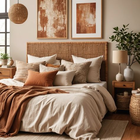 Terracotta Neutral Bedroom, Boho Neutral Bed, Terracotta And Wood Bedroom, Terracota Bedding Room, Terracotta And Cream Bedroom, Burnt Orange Bedroom Ideas, Burnt Orange Bedroom, Rustic Chic Bedroom, Terracotta Bedroom