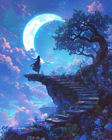 Mysterious moon watching girl 🌙 💙 #art #glitter #beautiful #digitalart #aiart #ai #fantasy #follow #follow4more #comment #like #share #fairytale #artwork #fantasy #follow #sweet #instagood Fantasy Moon Art, Moon Fantasy Art, Fairytale Artwork, Moon Watching, Fantasy Moon, Moon Kingdom, Moon Fairy, The Last Unicorn, Moon Princess