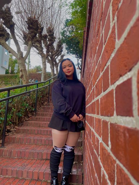 Loose fitting black sweater + black high-waisted skirt + panda stockings + black knee high wedge boots #aesthetic #skirtoutfits #fashion #outfits #ootd #outfitideas #outfitinspiration High Waisted Black Skirt, Knee High Wedge Boots, Black Skirt Outfits, Black Knees, Black Skirt, Wedge Boots, Skirt Outfits, Black Sweaters, Knee High